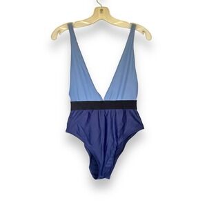 Aerie Deep V Plunge One Piece Swimsuit 2-tone Blue Bathing Suit Sz M